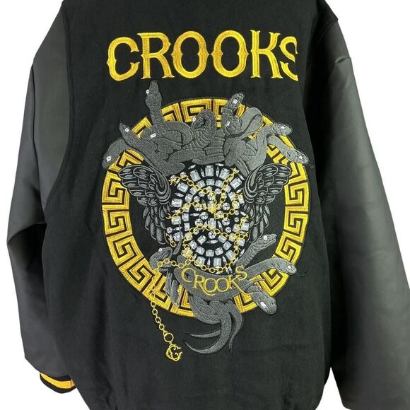 Crooks and Castles Varsity Jacket Men 5XL Black Yellow Letterman Snaps NEW - Picture 5 of 8